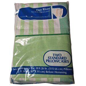 Vintage Dan River No Iron Pillowcases Green Stripe 2 Standard NOS Fortrel New